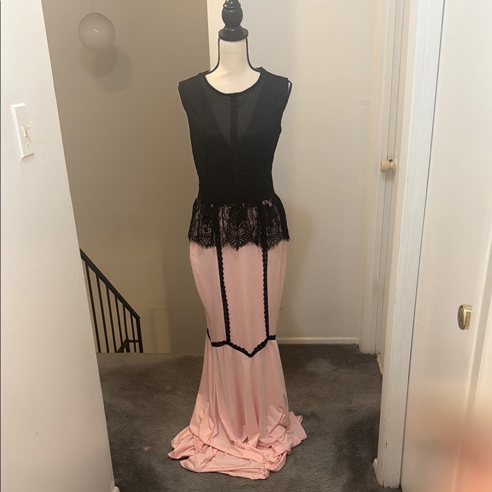 Chic Black and Pink Lace Maxi Dress